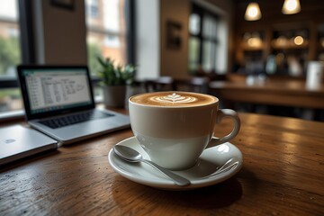 Fototapeta premium Cappuccino art on wooden table with laptop and green plants in coffee shop