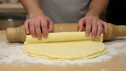 woman hands mixing dough on the table and a rolling pin