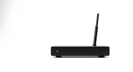 Side view of a modern black wireless router against a plain white background.