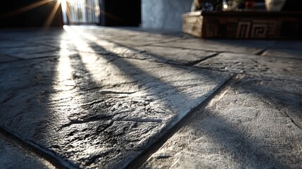 Stamped concrete patio texture closeup with stone pattern and light shadows, outdoor flooring material concept for ads