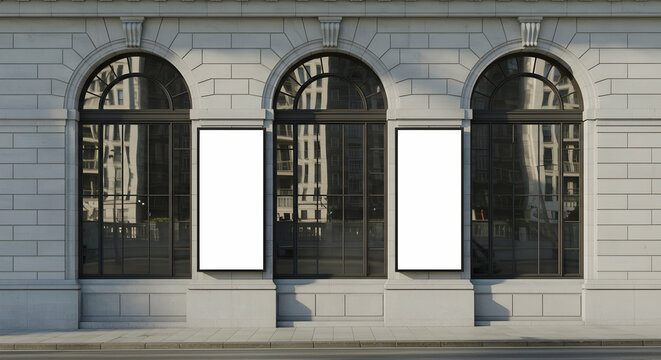 Blank Advertisement Mockup Three Vertical Banners on Classic Building Exterior