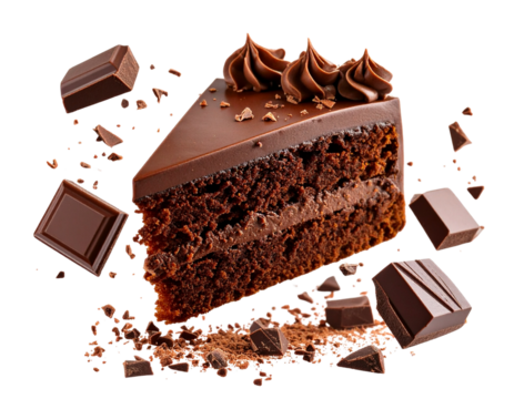  Flying Chocolate Cake Slice with Rich Frosting and Chunks, Isolated on Transparent Background PNG