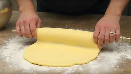 woman hands kneading dough on a board withbrolling pin