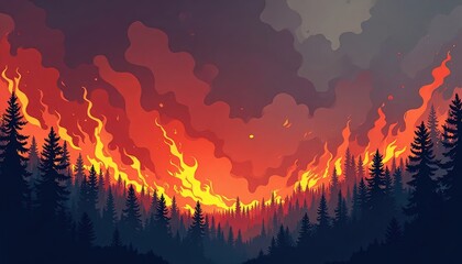 Forest ablaze with fiery flames at sunset.