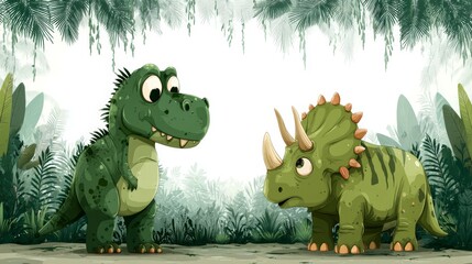 Cute Cartoon Dinosaurs in a Tropical Jungle Setting with Lush Green Foliage