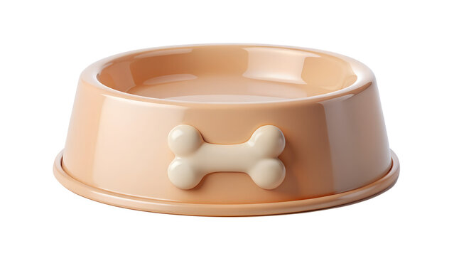 A smooth, beige pet bowl with a decorative bone shape on the front, perfect for dog food or water, isolated on a transparent background