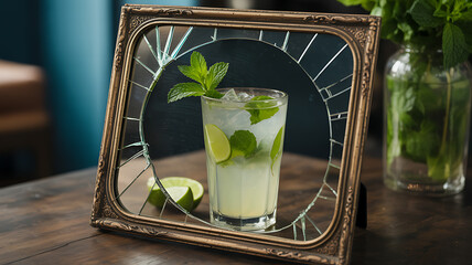 Mojito in a cracked antique mirror frame with reflections bending outward