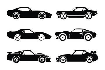 Vintage Sport Cars Silhouette: Showcasing the sleek profiles of classic sports cars, these elegant, monochromatic silhouettes evoke speed and style, perfect for automotive or design projects. 