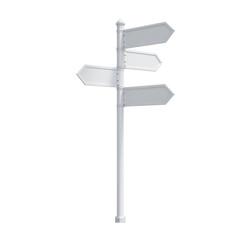 Blank white directional signpost isolated on a black background suggesting choice and guidance