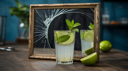 Mojito in a cracked antique mirror frame with reflections bending outward