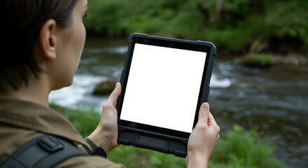 Woman hiker using tablet with blank screen in nature scenic view beautiful landscape background technology device