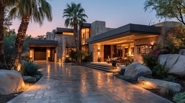 Scottsdale desert oasis home with modern architecture and palm trees, luxury residential property exterior scene for design ads