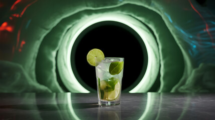  Mojito in front of a time portal – Background warped by spacetime distortion, the glass in perfect stillness