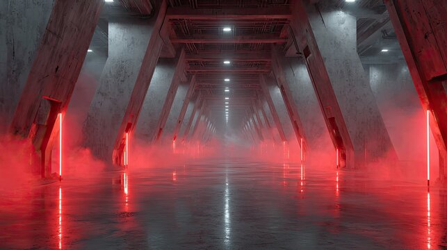 Sci-fi smoke laser room with glowing light beams and industrial design, futuristic technology scene for gaming and design ads - Powered by Adobe