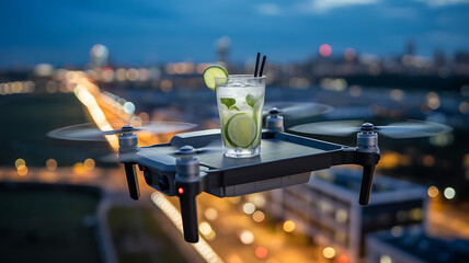 Mojito on a drone delivery tray over a glowing city at night – Wind effects, movement blur, drink still sharp