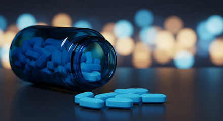 Blue Pills Spilled From Bottle Dark Background Medical Healthcare Pharmacy Supplements Medicine Drugs Treatment Health Wellness Pills Bottle Container