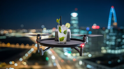 Mojito on a drone delivery tray over a glowing city at night – Wind effects, movement blur, drink still sharp