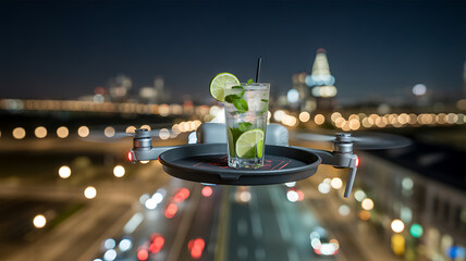 Mojito on a drone delivery tray over a glowing city at night – Wind effects, movement blur, drink still sharp
