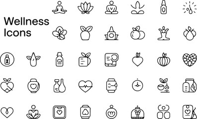 A comprehensive collection of simple outline icons representing various aspects of wellness including yoga meditation health and natural remedies