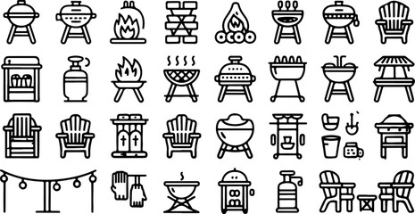 Collection of barbecue and outdoor leisure icons featuring grills chairs fire pits and accessories for summer gatherings and cooking