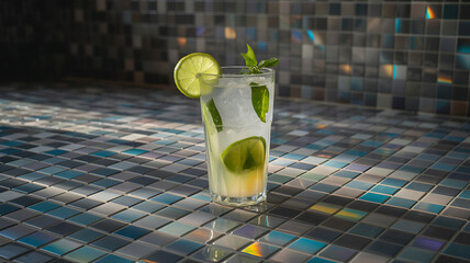 Mojito on a floor of rainbow glass tiles, with refracted light painting the drink