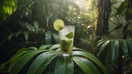 Mojito on a leaf in a rainforest during golden hour rain – Hyperrealistic droplets on glass and leaf, rich green tones 