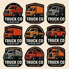 Set of 9 bold truck mascot logos in badge style with high-contrast colors, perfect for transport or trucking brands.
