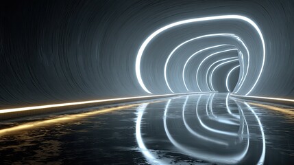 Sci-fi curved neon lines corridor with glowing lights, futuristic technology scene for gaming, virtual, and digital design ads