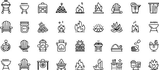 Collection of hand drawn outline icons representing outdoor activities like barbecuing camping and relaxing in lawn chairs with fire elements