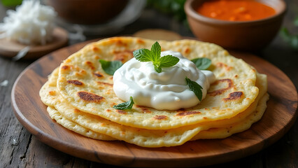 Morning Meal with Paratha, Curd, and Hot Tea