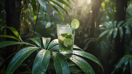Mojito on a leaf in a rainforest during golden hour rain – Hyperrealistic droplets on glass and leaf, rich green tones 