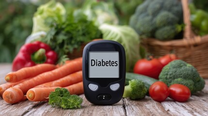 Diabetes Glucose Monitor with Fresh Vegetables – Healthy Diet Concept for Blood Sugar Control
