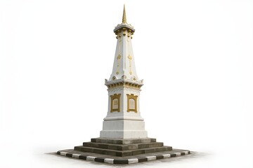 Yogyakarta monument, White monument with gold accents, a pointed top, and tiered base, isolated on white background.