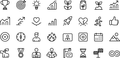 Collection of modern flat line icons representing business success growth achievement innovation and personal development concepts