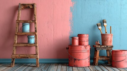 Room renovation construction ladder with paint tools in modern interior, home improvement project concept for ads
