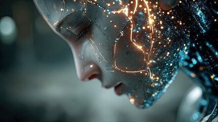 Robot android chatbot with glowing digital face, futuristic artificial intelligence concept for tech, innovation, and design ads