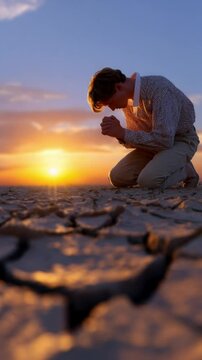 Prayer at Sunset: A person kneeling in prayer, their silhouette framed against the warm hues of a sunset, evokes a sense of reverence and serenity amid a vast, arid landscape.
