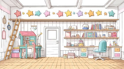 Colorful and Cheerful Kids' Room with Toy Shelves and Wooden Ladder