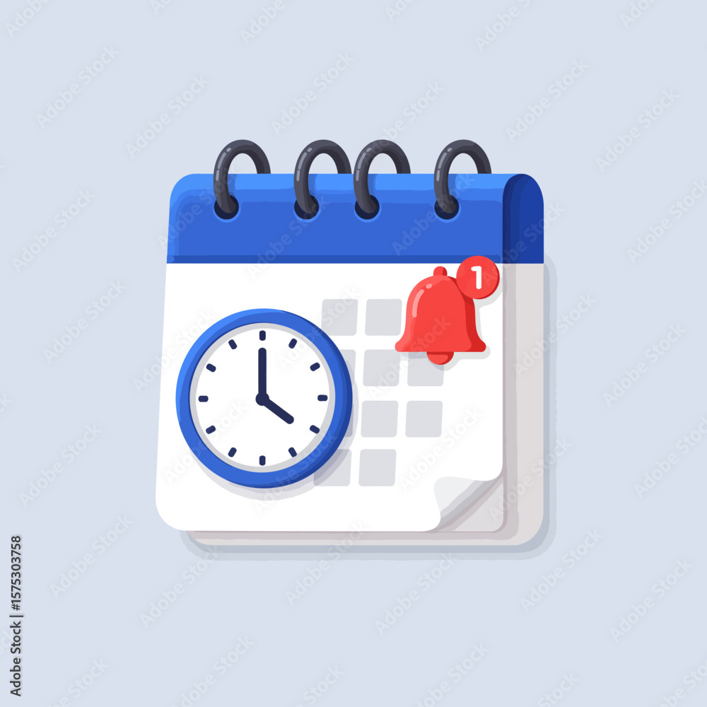 Poster modern flat icon representing a calendar with a clock and a notification bell, symbolizing schedulin