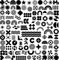 A diverse collection of black geometric shapes and abstract icons including rainbows stars circles and waves on a white background