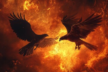 Fighting birds of prey in fiery backdrop capture intense confrontation at night, Fighting Birds Of Prey Antique In Firelight