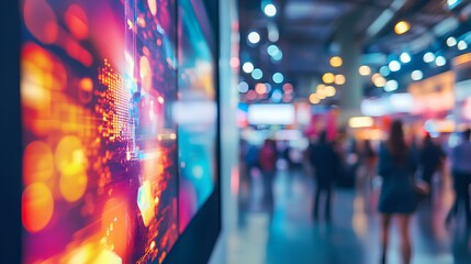 Illuminating Exhibition: A dynamic exhibition hall with a large display, vibrant colors and people interacting, conveying a sense of innovation and engagement.