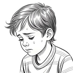 Poster encadré Cry little boy black and white line art drawing ink sketch sad vector hand drawn illustration background