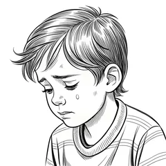 Papier peint photo intissé Cry little boy black and white line art drawing ink sketch sad vector hand drawn illustration background
