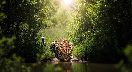 Spotted Jaguar Drinking Water at Forest Pond in Dramatic Sunlight