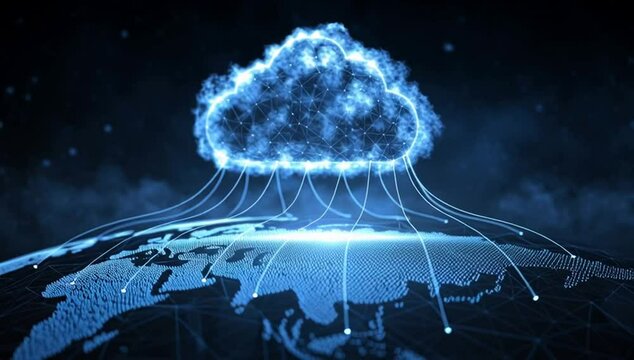 A glowing cloud symbolizing the global network of video and data, connected to various cities across multiple continents on Earth's surface, representing the Cloud Generative AI - Powered by Adobe