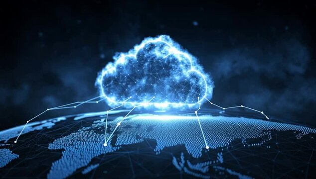 A glowing cloud symbolizing the global network of interconnected clouds, connected to various locations across Earth with blue digital lines Generative AI