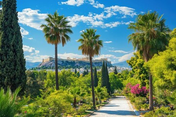 Palm trees frame the Acropolis against a vibrant blue sky in Athens, showcasing the citys beauty and history, Palm trees and blue sky background in Athens city center National Garden park