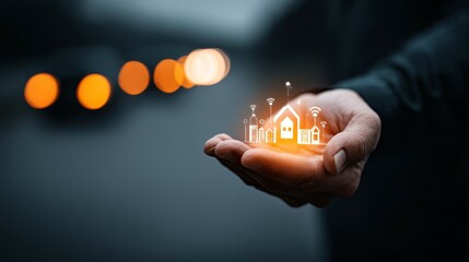 Hand Holding Digital Icons Representing Smart Home Technology and Connectivity