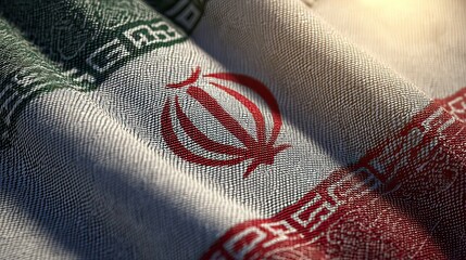 Iranian flag, textured fabric, close-up, sunlight, background blur, news
